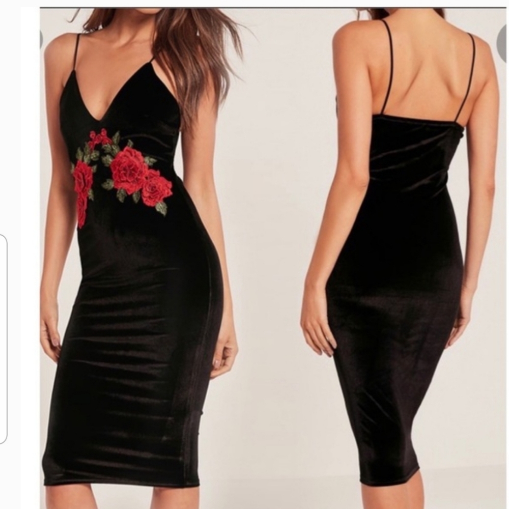 Party Dress-Black Velvet Dress with a Red Roses